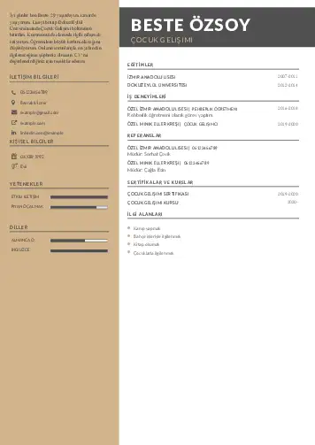 Çocuk Gelişimi Bölümü CV Örnekleri cv indir